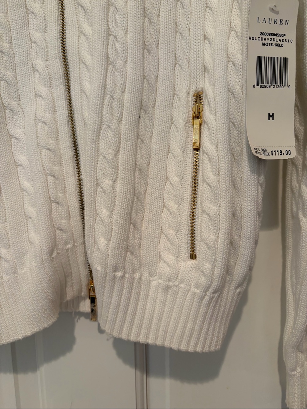 NWT Lauren Ralph Lauren White Cable-Knit Zip Cardigan with Gold Hardware - Picture 6 of 10